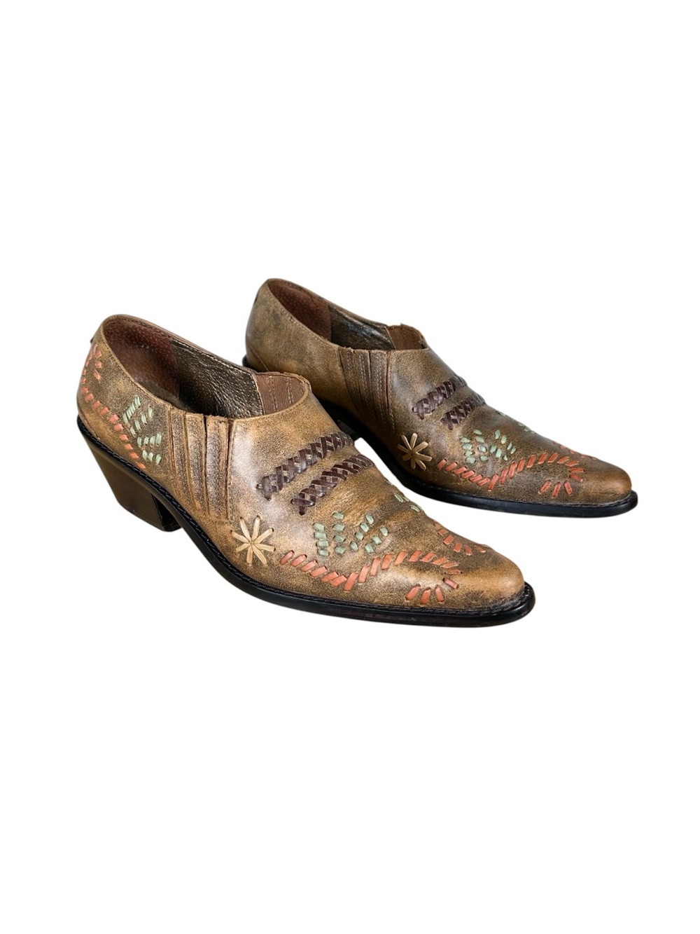 VINTAGE Western Embroidered Leather Boho Chic Mules